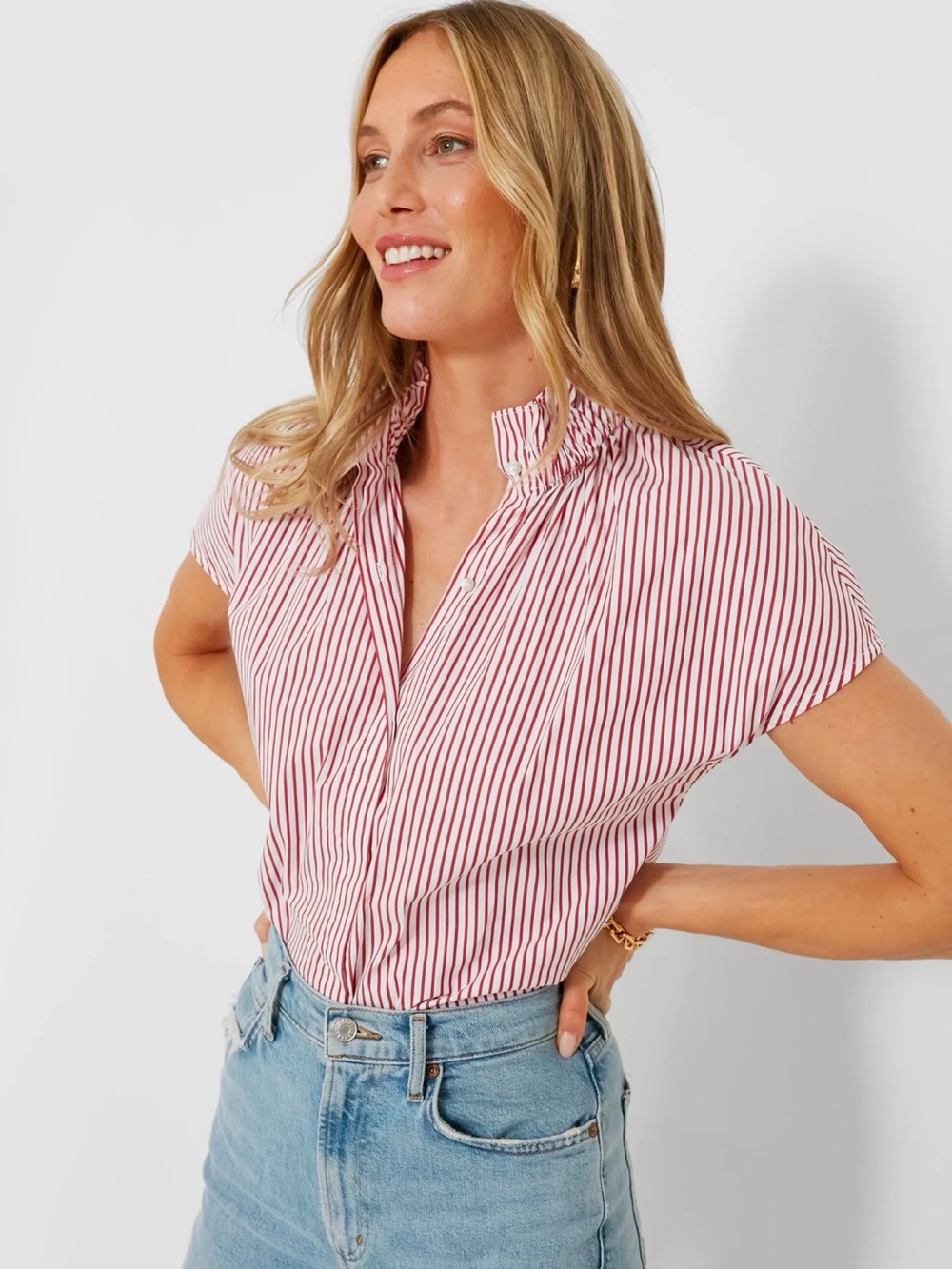 Tuckernuck Pomander Place Red and White Striped Ruffled Collar Rae Top in XS